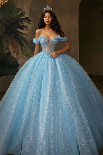 Sky Blue Glitter Corset Ball Gown Long Princess Quinceanera Dress with Ruffles